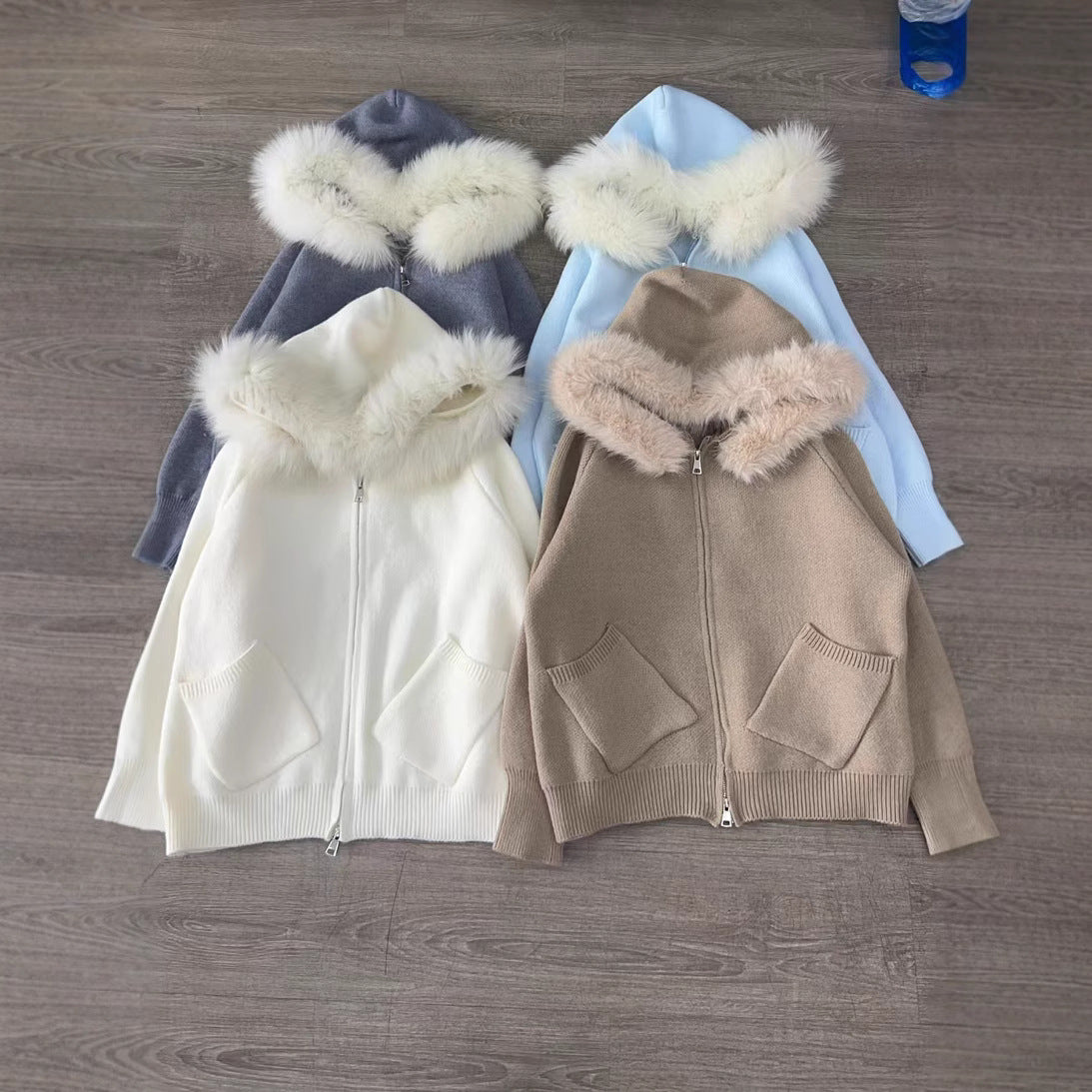 Thickened Hooded Large Fur Collar Knitted Women&