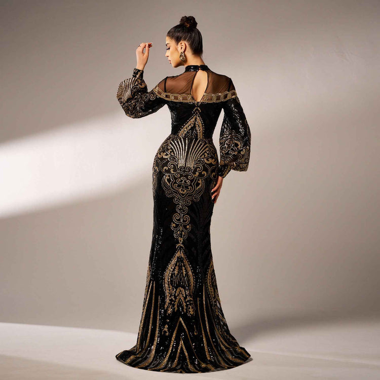 Long Sleeve Sequin Fishtail Dress with Lace for Elegant Occasions
