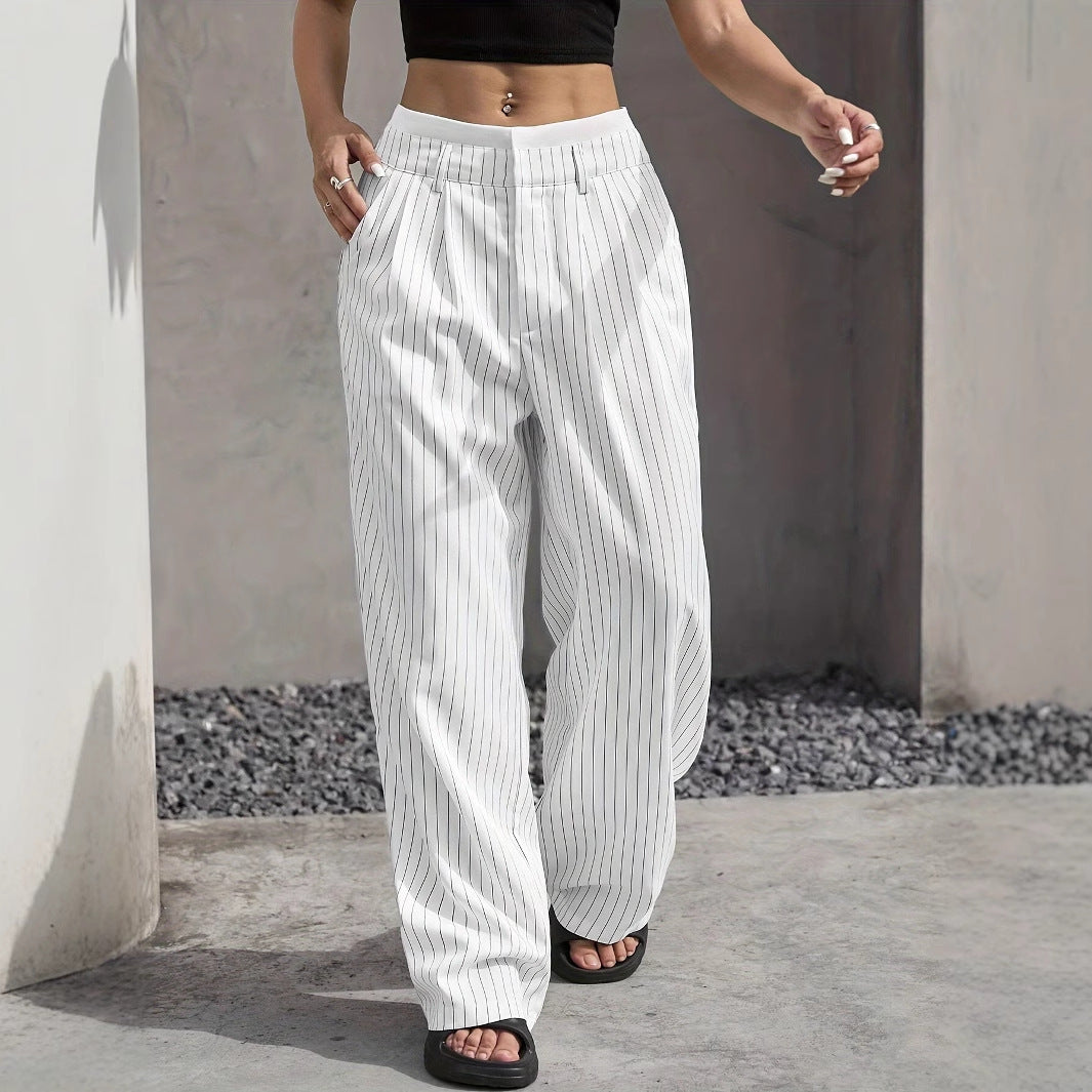 Stripe Printed Trousers Fashion High Waist Straight Leg Pants With Pocket Zipper Casual Suit Pants For Women - Florence Luxe