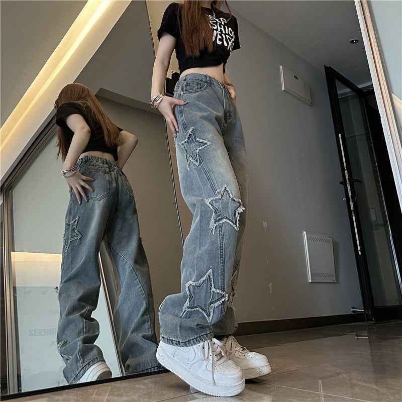 Blue Embroidered Jeans Women Loose Straight-leg Wide-leg Pants