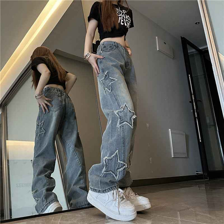 Blue Embroidered Jeans Women Loose Straight-leg Wide-leg Pants