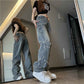 Blue Embroidered Jeans Women Loose Straight-leg Wide-leg Pants