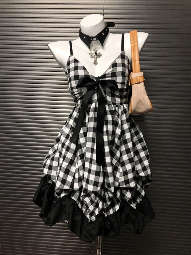 Retro Black and White Plaid Dress - Slim Fit Cinched Sling Bow Design - Florence Luxe