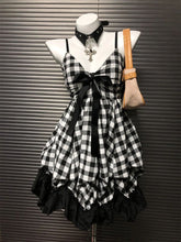 Retro Black and White Plaid Dress - Slim Fit Cinched Sling Bow Design - Florence Luxe