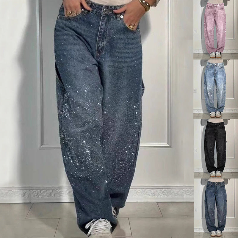 Ins Shiny Straight Wide-Leg Jeans with Pockets - Fashionable Loose Trousers for Women - Florence Luxe