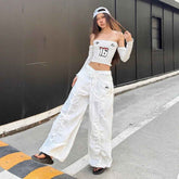 Ruffle Drawstring Embroidered Lace Slacks