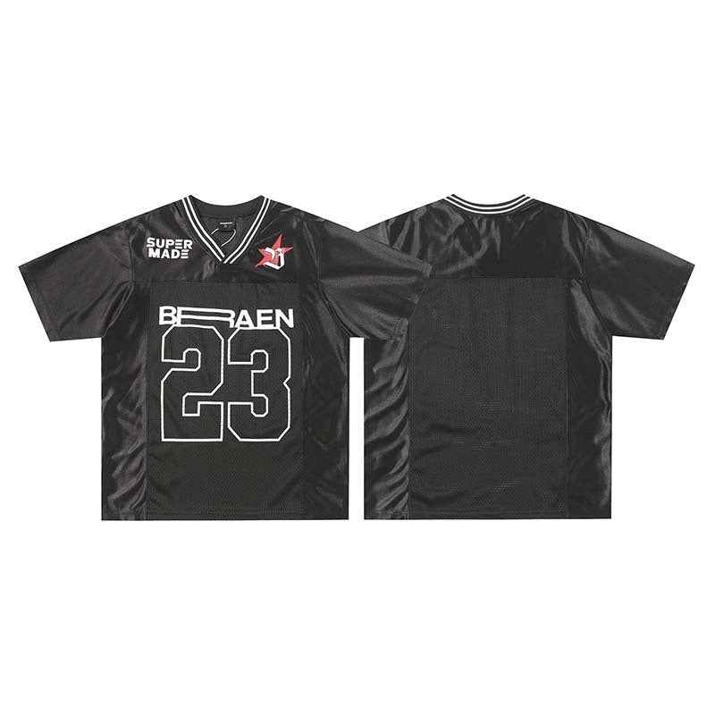 High Street V-neck Short Sleeve Top with Alphanumeric Printing and Patchwork