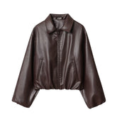 Lapel PU Zipper Jacket - Long Sleeve Baseball Uniform Jacket - Florence Luxe
