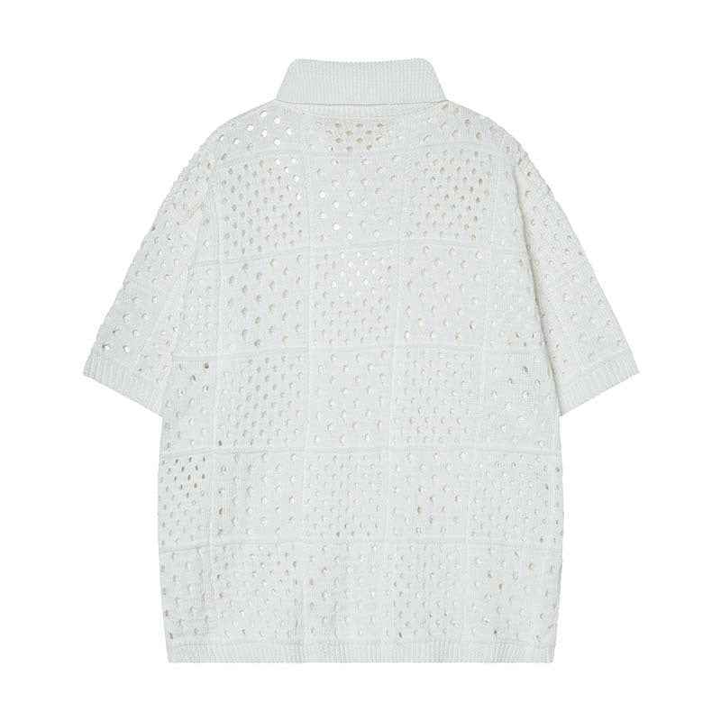 Solid Color Hollow High Sense Polo Shirt - Short-sleeved Knitting Design