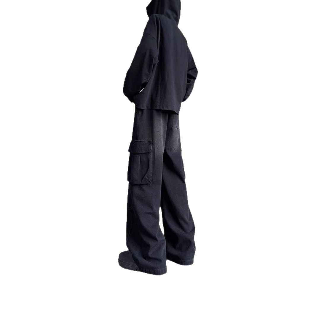 Washed Vintage Denim Wide-Leg Pants for Men with Multi-Pockets