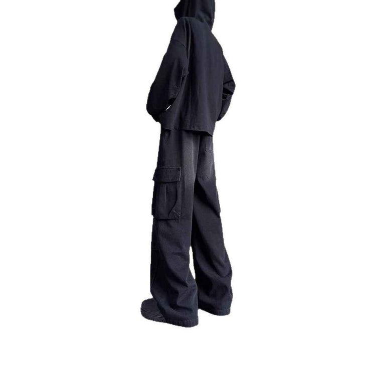 Washed Vintage Denim Wide-Leg Pants for Men with Multi-Pockets