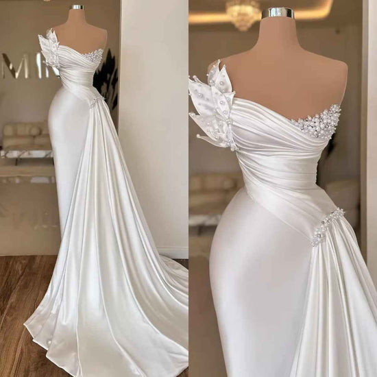 Strapless Long Sleeve Sequins Evening Dress - Stunning White Satin Wedding Dress for Parties