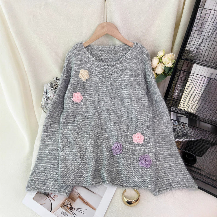 Sequined Flower Pullover Sweater with Round Neck and Stitching Design - Florence Luxe