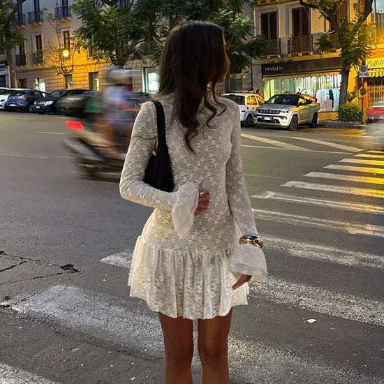 Fashionable Sexy Babe Lace Sheer Long Sleeve Dress