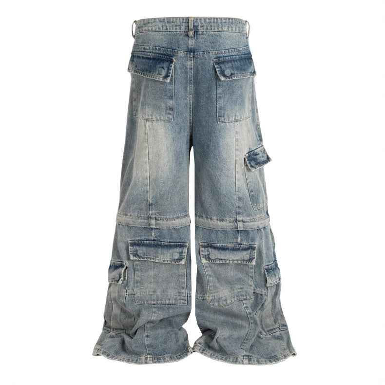 Detachable Multi-Pocket Overalls - Worn-Looking Washed-Out Two-Way Style