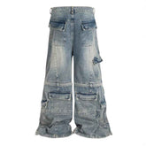 Detachable Multi-Pocket Overalls - Worn-Looking Washed-Out Two-Way Style
