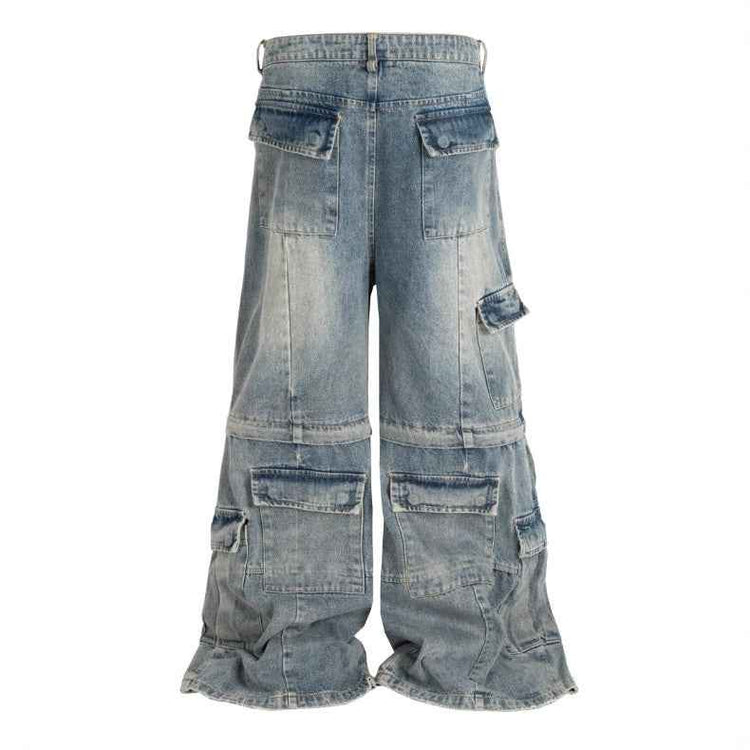 Detachable Multi-Pocket Overalls - Worn-Looking Washed-Out Two-Way Style