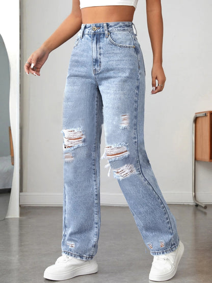 Ripped Straight Denim Trousers for Women - Loose Fitting Style - Florence Luxe