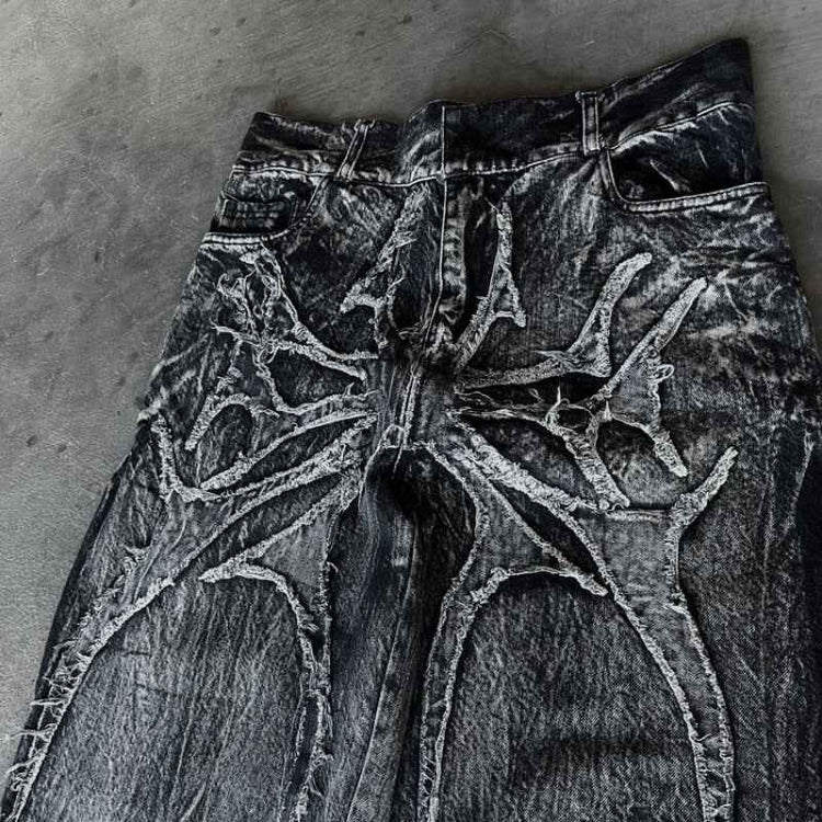 High Street Spider Embroidery Jeans - Trendy Denim with Unique Patch Design