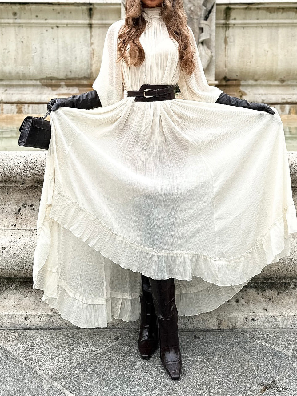 White Ruffled Tie Dress with Long Sleeves - Florence Luxe