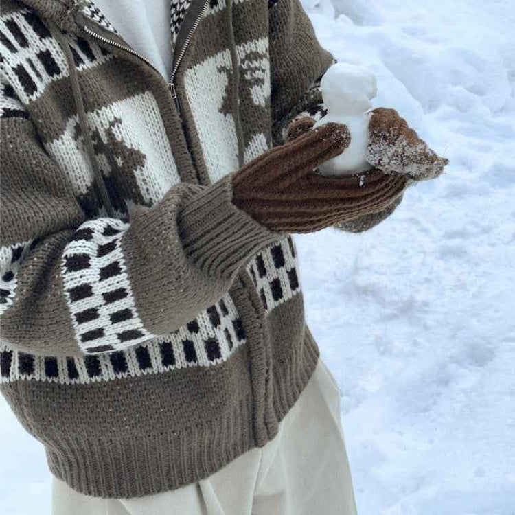 Jacquard Christmas Zipper Idle Style Cardigan Knitted Coat