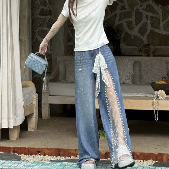 Lace Stitching Rhinestone Jeans