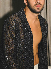 Black Sequin Sheer Open-Front Shirt With Oversized Silhouette