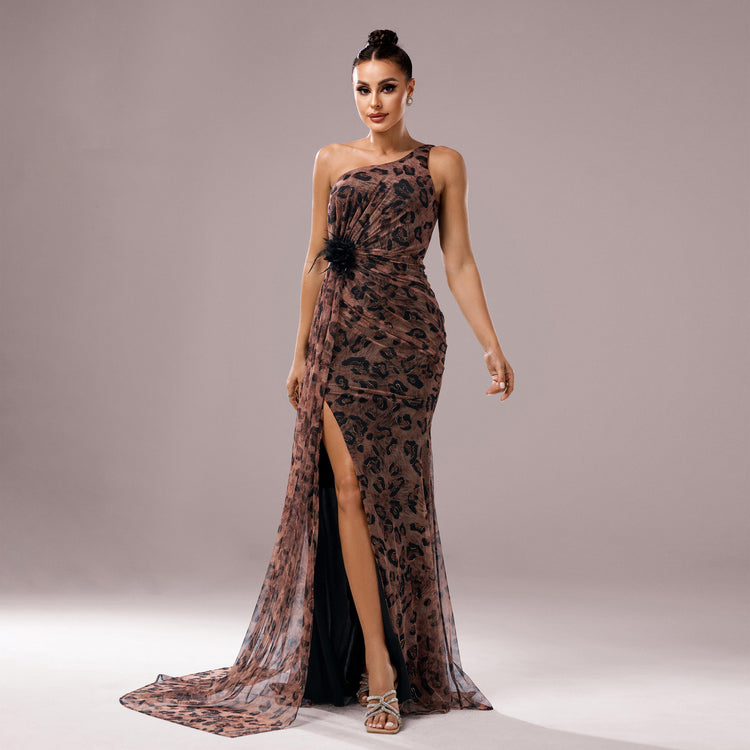 One-Shoulder Leopard Sequined Evening Dress with Diagonal Collar - Florence Luxe