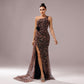 One-Shoulder Leopard Sequined Evening Dress with Diagonal Collar - Florence Luxe