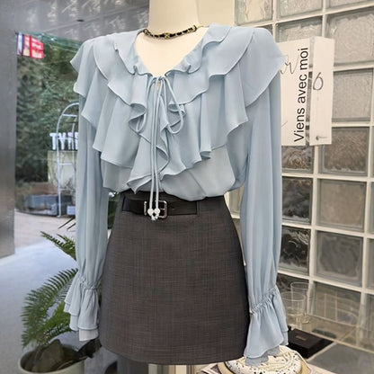 French Ruffled V-Neck Shirt for Women - Elegant Long Sleeve Style - Florence Luxe