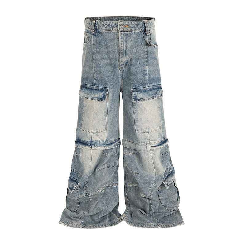 Detachable Multi-Pocket Overalls - Worn-Looking Washed-Out Two-Way Style
