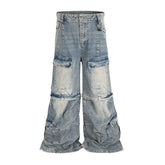 Detachable Multi-Pocket Overalls - Worn-Looking Washed-Out Two-Way Style