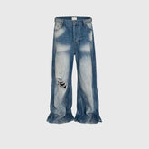 Wide Leg Ripped Blue Jeans - Brushed White Ripped Distressed Frayed Style