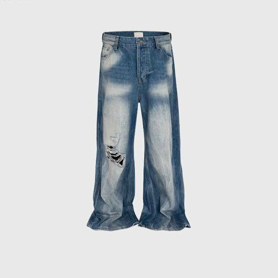 Wide Leg Ripped Blue Jeans - Brushed White Ripped Distressed Frayed Style