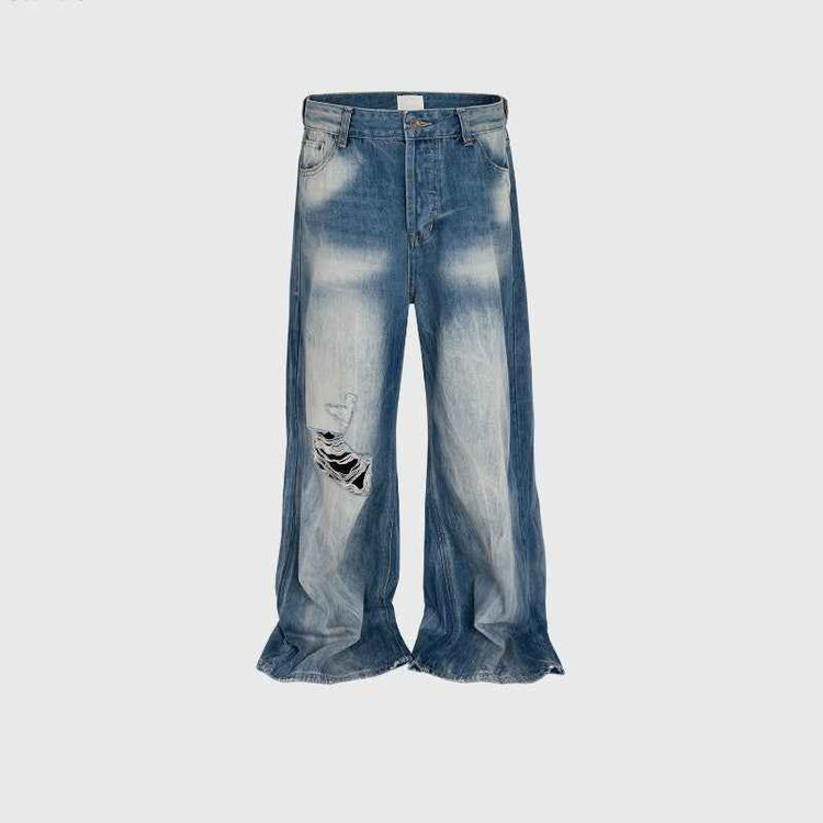 Wide Leg Ripped Blue Jeans - Brushed White Ripped Distressed Frayed Style