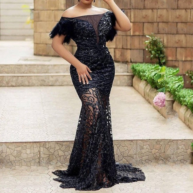 Off-shoulder Sequined Slim-fit Sheath Mermaid Dress.