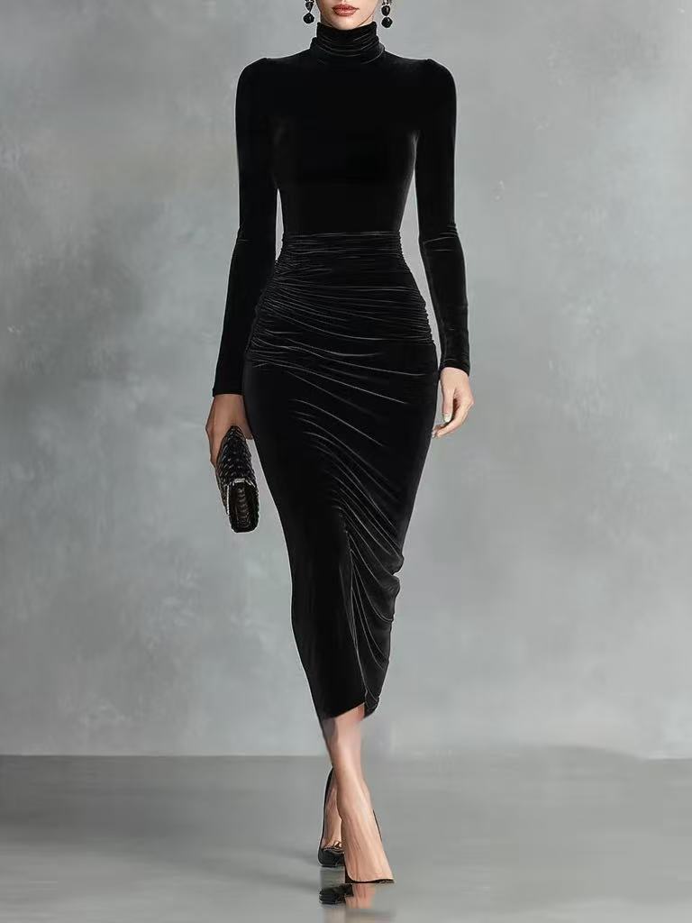 Black Velvet Turtleneck Dress for Women – Half-Length Style - Florence Luxe