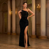 One-shoulder Slant Collar Sequined Slim-fit Sheath Banquet Split Evening Dress