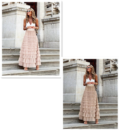 Layered Ruffles Long Skirt Summer Fashion A Line Swing Mesh Dress for Women - Florence Luxe