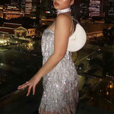 Sheath Sleeveless Sequined Tassel Dress with Sexy Suspenders and Glitter