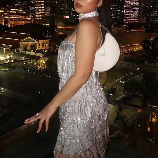 Sheath Sleeveless Sequined Tassel Dress with Sexy Suspenders and Glitter
