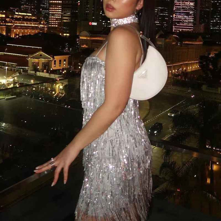 Sheath Sleeveless Sequined Tassel Dress with Sexy Suspenders and Glitter