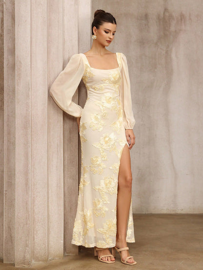 Flower Embroidered Banquet Dress with Square Collar and Slit for Elegant Occasions - Florence Luxe