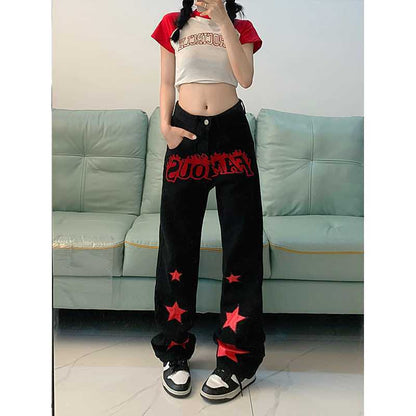 Red Star Letters Jeans For Women High Waist Casual Trousers - Florence Luxe