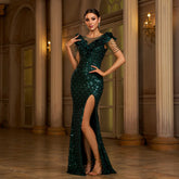 Round Neck Sequined Evening Dress with Beads and Slit for Banquet - Florence Luxe