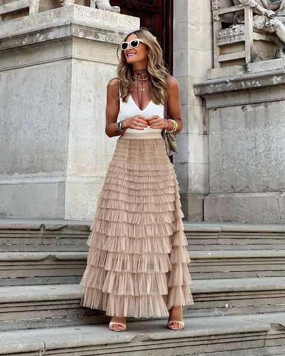 Layered Ruffles Long Skirt Summer Fashion A Line Swing Mesh Dress for Women - Florence Luxe