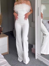 Elegant White Off-Shoulder Jumpsuit with Feather Accents - Florence Luxe
