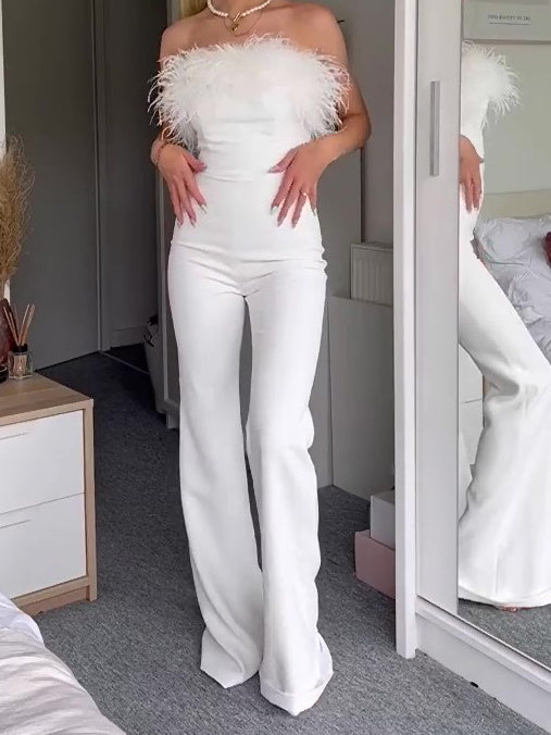 Elegant White Off-Shoulder Jumpsuit with Feather Accents - Florence Luxe