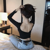 Back-exposed Long-sleeved T-shirt for Women - Autumn Skinny V-neck Cropped Top - Florence Luxe