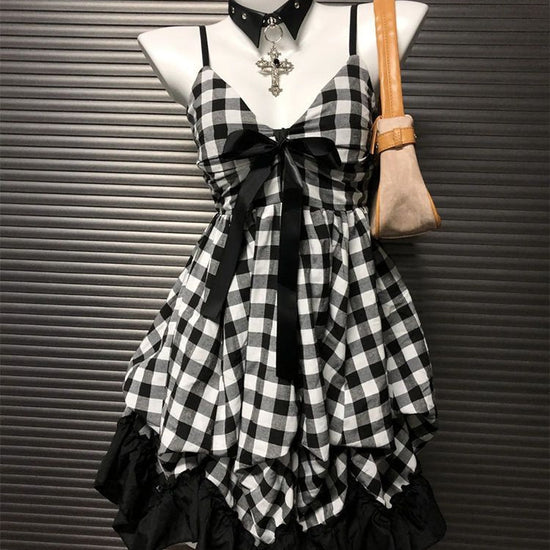 Retro Black and White Plaid Dress - Slim Fit Cinched Sling Bow Design - Florence Luxe